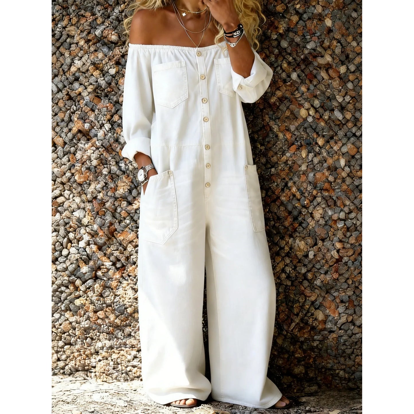 Denim-Jumpsuit mit Off-Shoulder-Ausschnitt