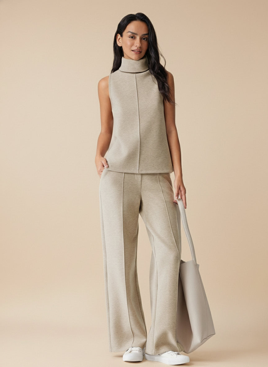 2Pcs Set Split Hem Top & High Waisted Straight Leg Pant