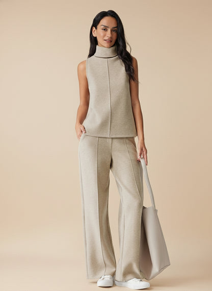 2Pcs Set Split Hem Top & High Waisted Straight Leg Pant