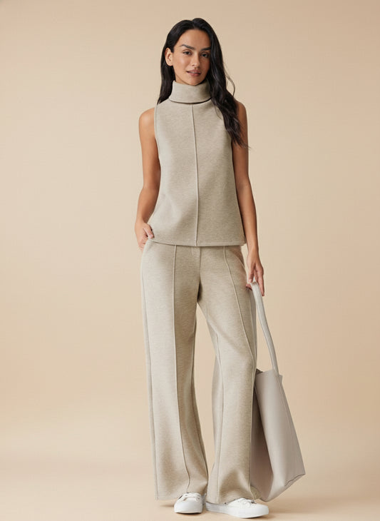 2Pcs Set Split Hem Top & High Waisted Straight Leg Pant