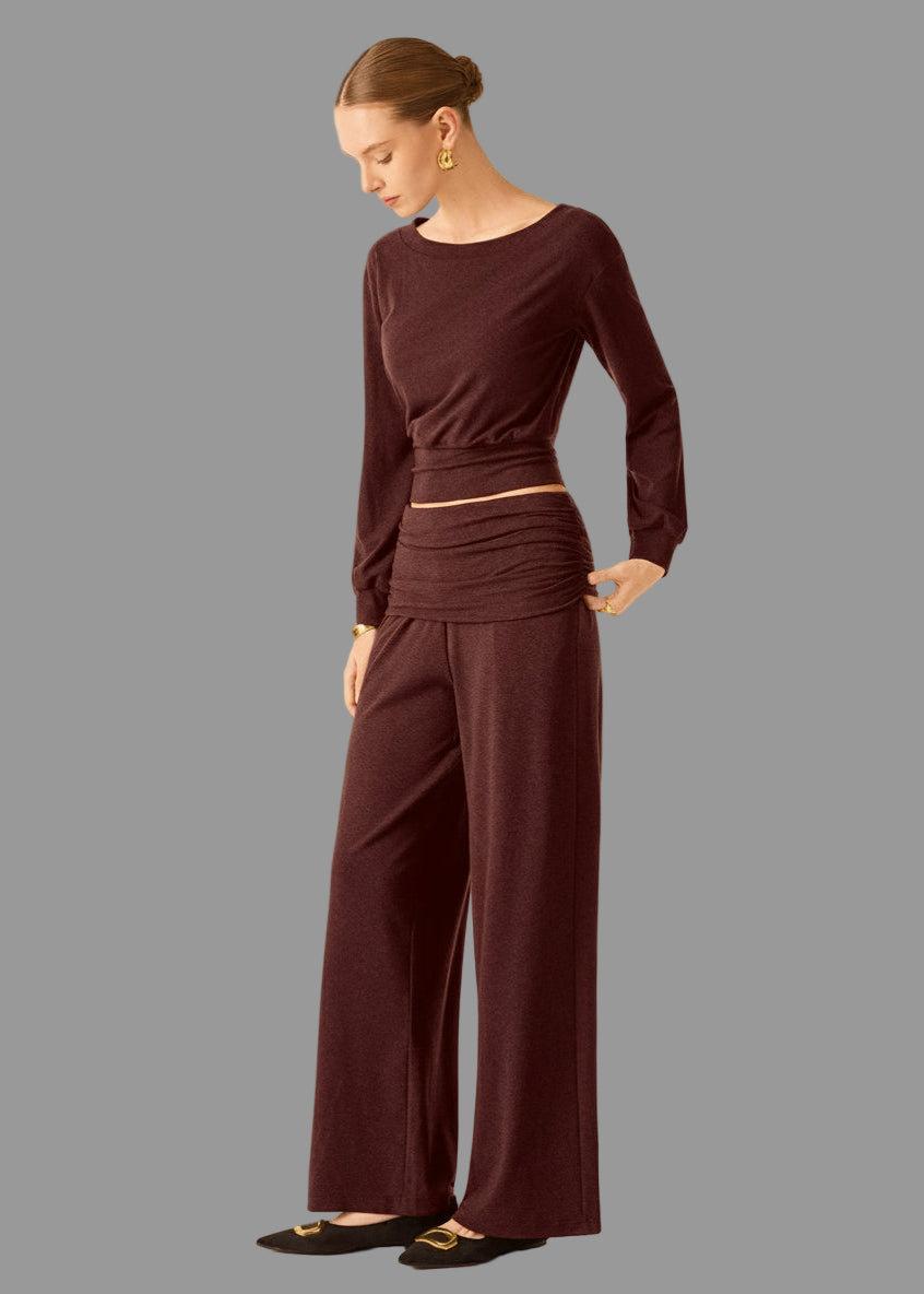 2-teiliges Set: Bootsausschnitt-Brami & Weit geschnittene, fließende Pull-on-Hose mit Taschen