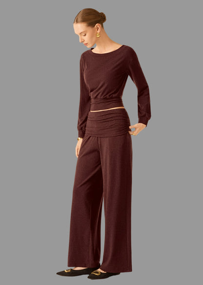 2-teiliges Set: Bootsausschnitt-Brami & Weit geschnittene, fließende Pull-on-Hose mit Taschen