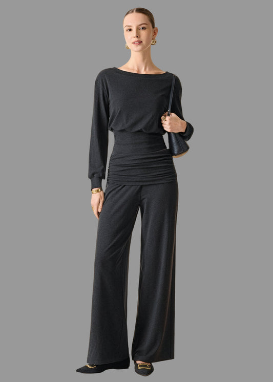 2-teiliges Set: Bootsausschnitt-Brami & Weit geschnittene, fließende Pull-on-Hose mit Taschen