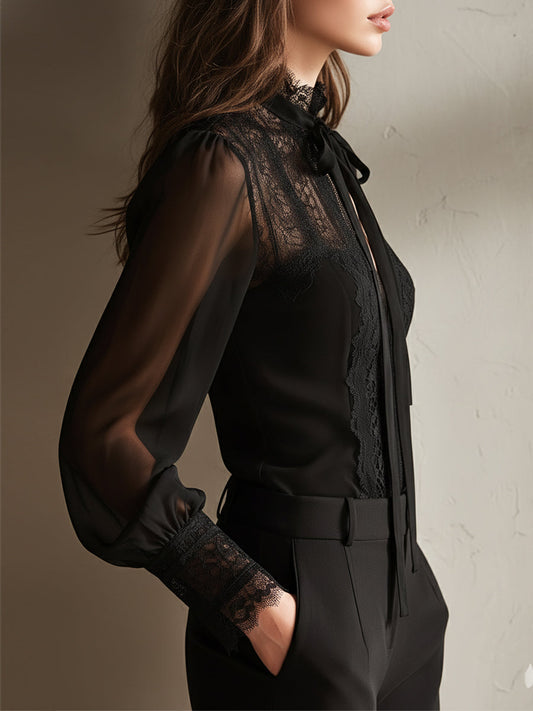 Retro Elegant Lace Stand-up Collar Tie Neck Chiffon Blouse
