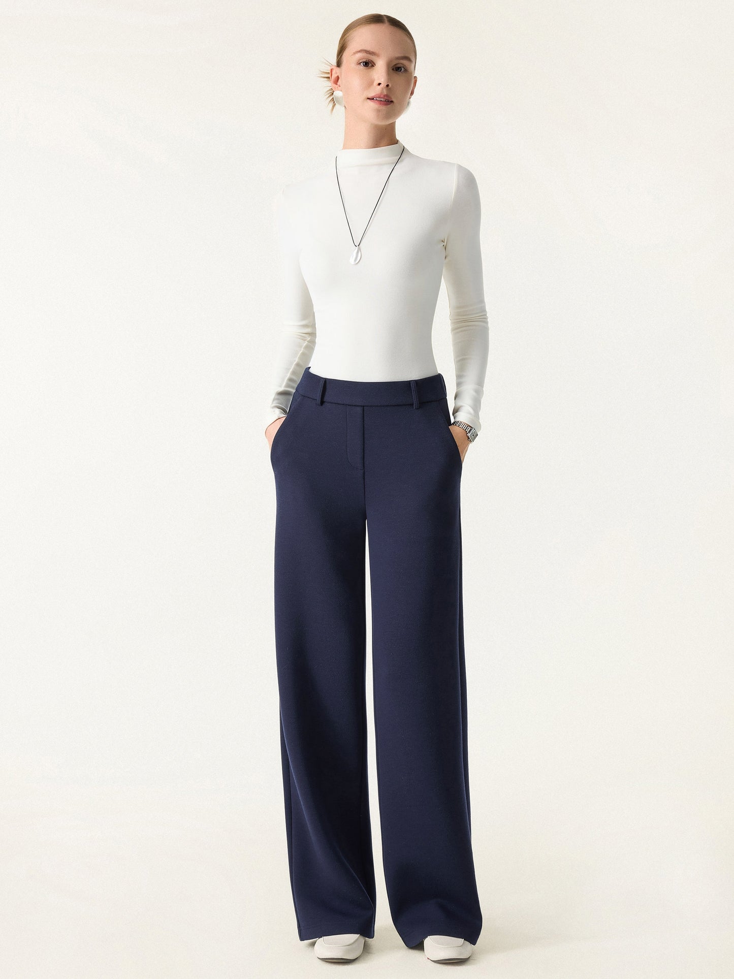 Stretchy Mid Rise Straight Leg Pull-on Pants with Pockets