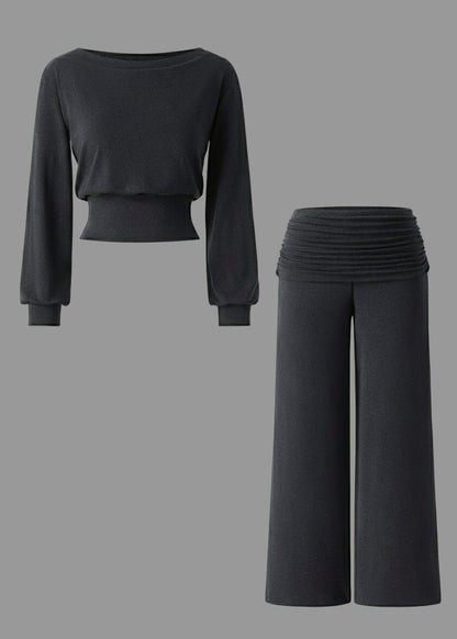 2-teiliges Set: Bootsausschnitt-Brami & Weit geschnittene, fließende Pull-on-Hose mit Taschen