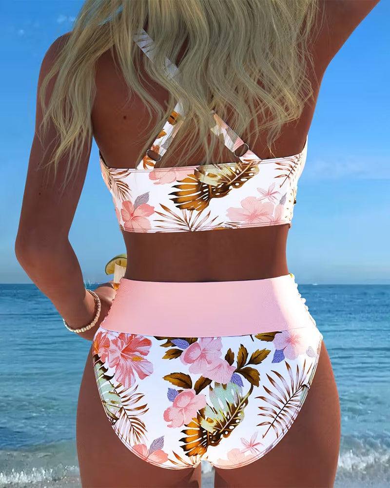 Bikini mit kontrastierendem Blumenprint und Schlitz