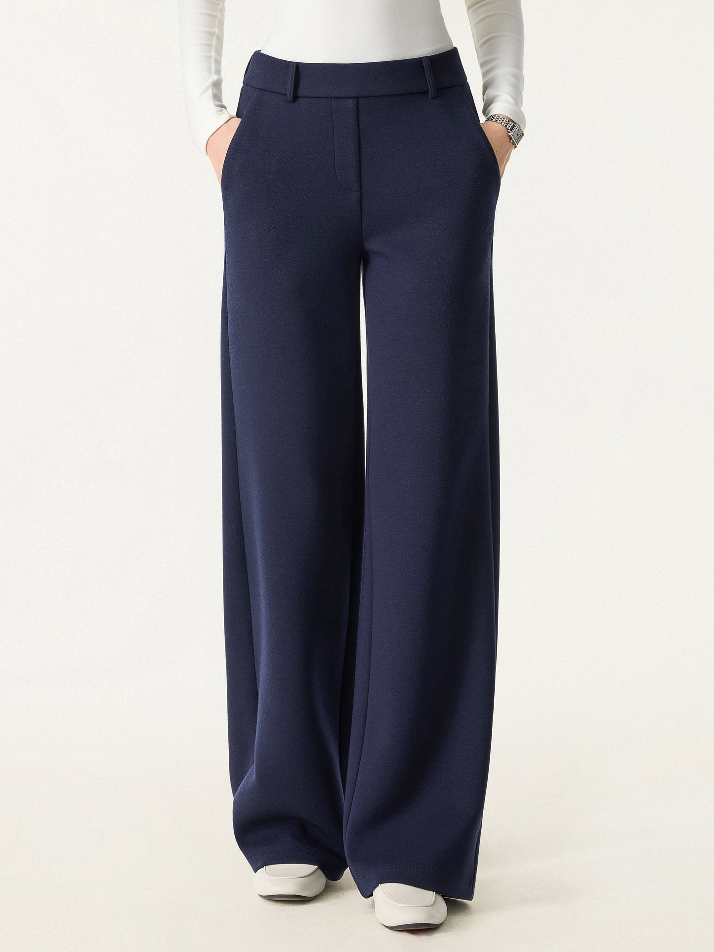 Stretchy Mid Rise Straight Leg Pull-on Pants with Pockets