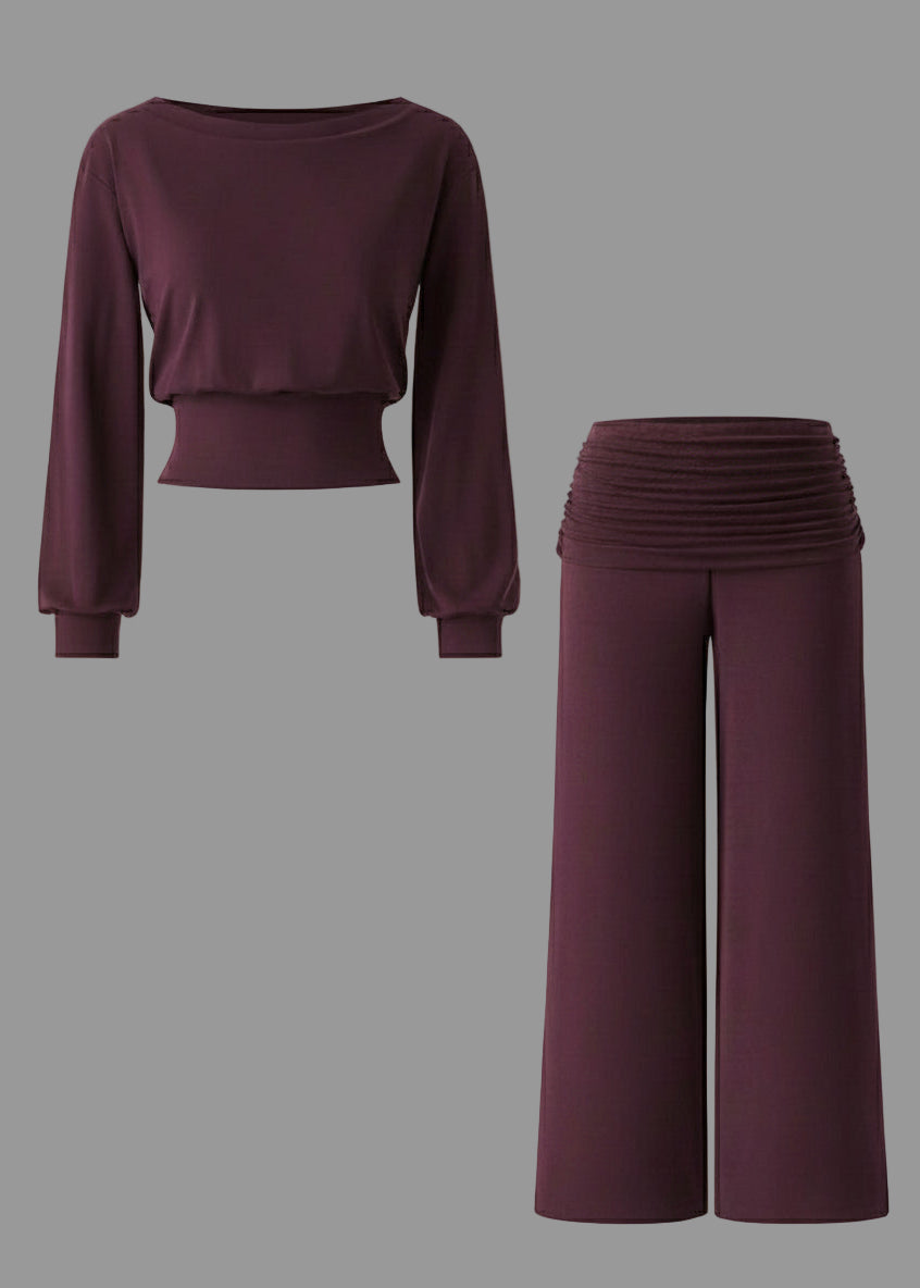 2-teiliges Set: Bootsausschnitt-Brami & Weit geschnittene, fließende Pull-on-Hose mit Taschen