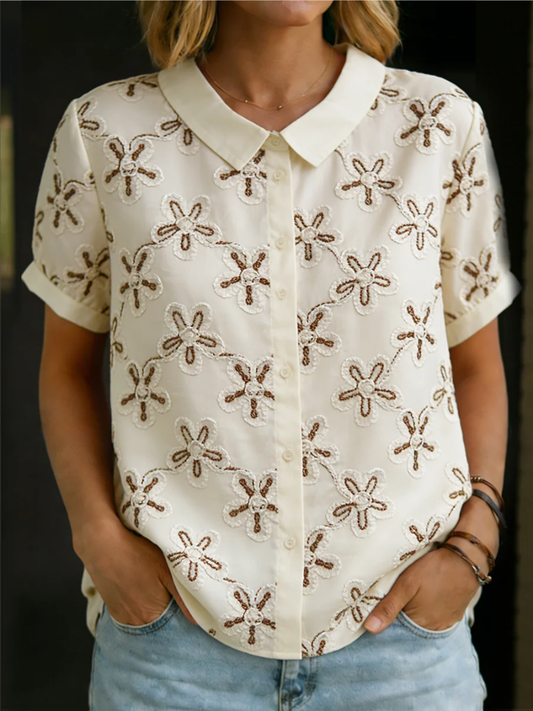 Premium Bluse mit Kragen und Blumenstickerei