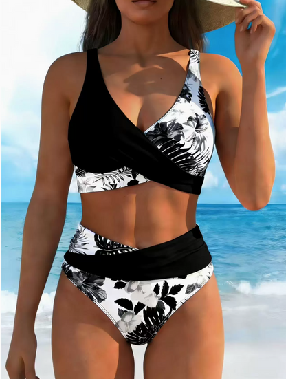 Bikini mit kontrastierendem Blumenprint und Schlitz