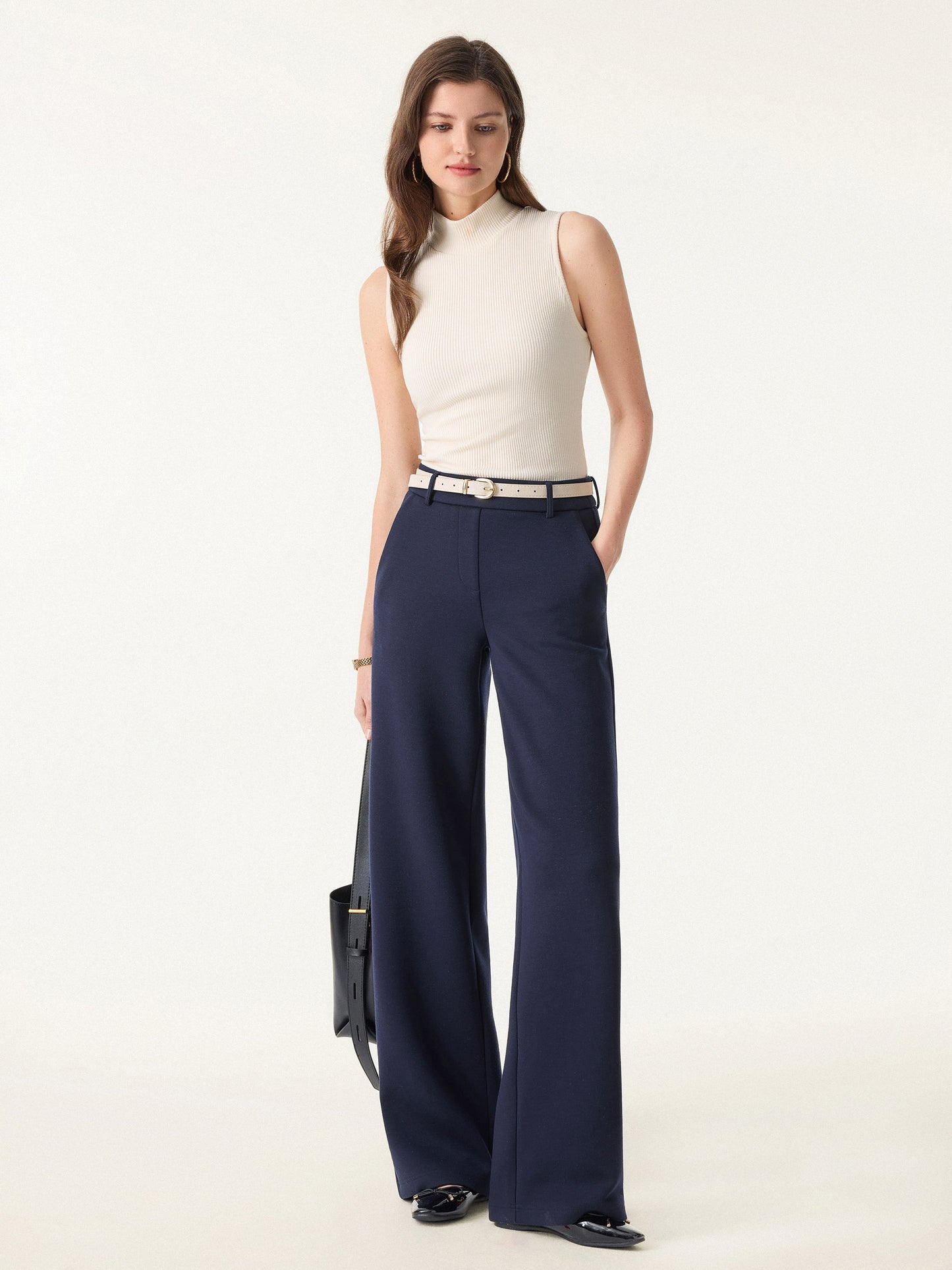 Stretchy Mid Rise Straight Leg Pull-on Pants with Pockets