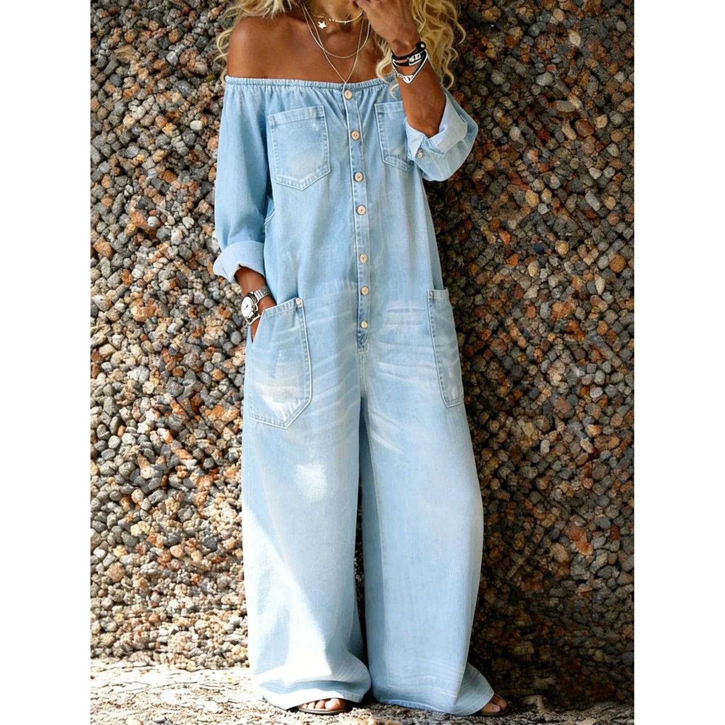 Denim-Jumpsuit mit Off-Shoulder-Ausschnitt