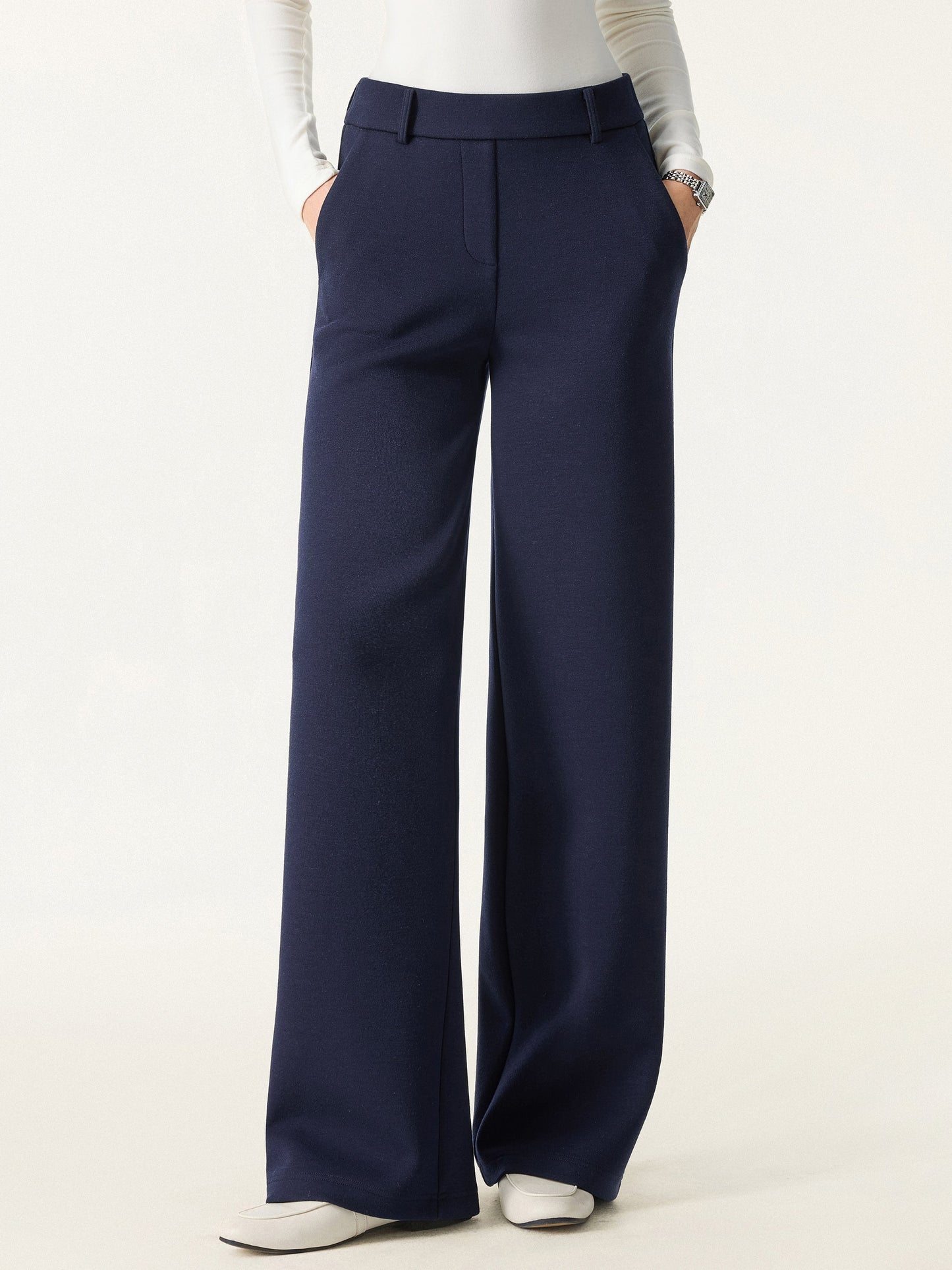 Stretchy Mid Rise Straight Leg Pull-on Pants with Pockets