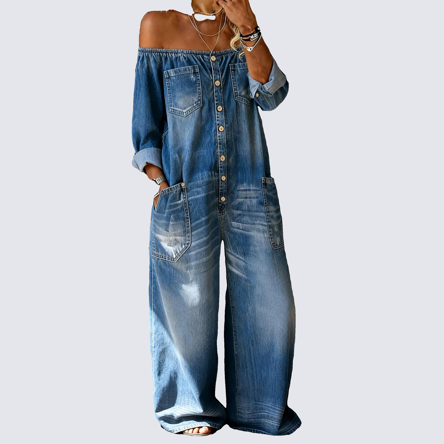 Noa | Denim Jumpsuit met Off-Shoulder Halslijn - remove_bg