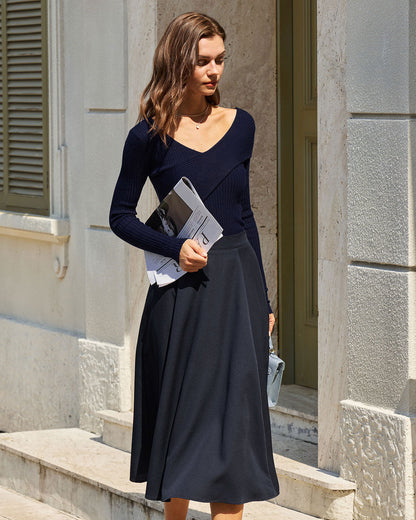 Navy V Neck Ribbed Knit Tee