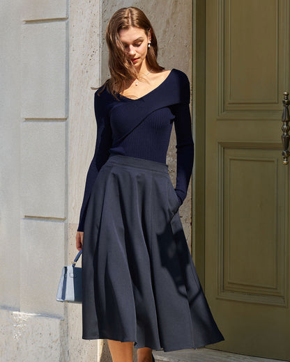 Navy V Neck Ribbed Knit Tee